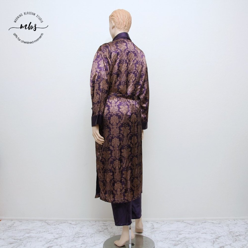 Design Studio Floral Brocade Pajama & Robe Set Tassel Tie Purple Golden Women S - Picture 6 of 16
